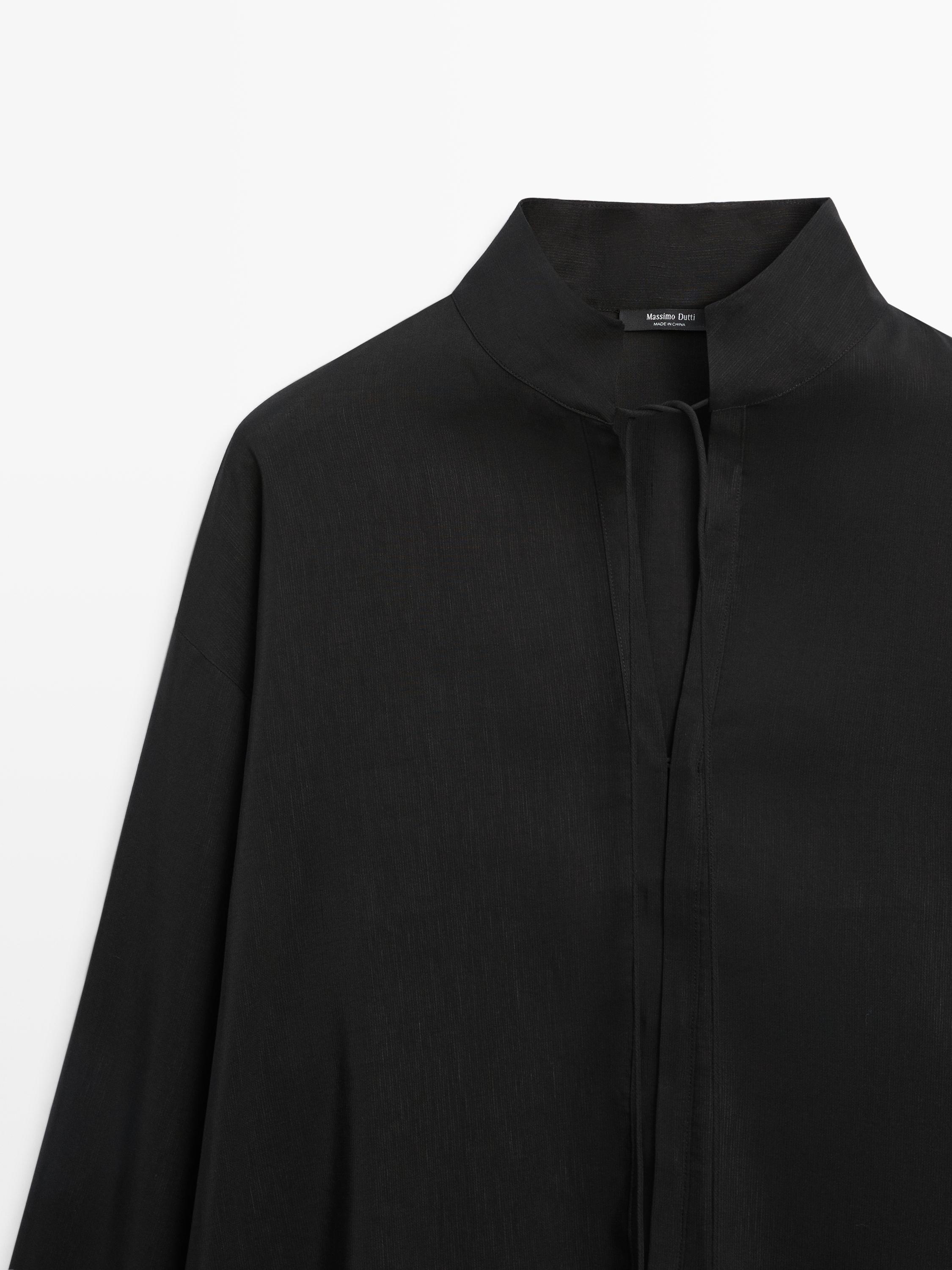 Flowing linen blend shirt with stand collar
